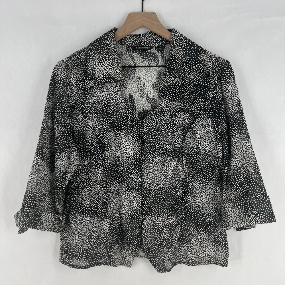Samuel Dong Blouse Top Womens Medium Black White Pebble Print Cotton Snap Front